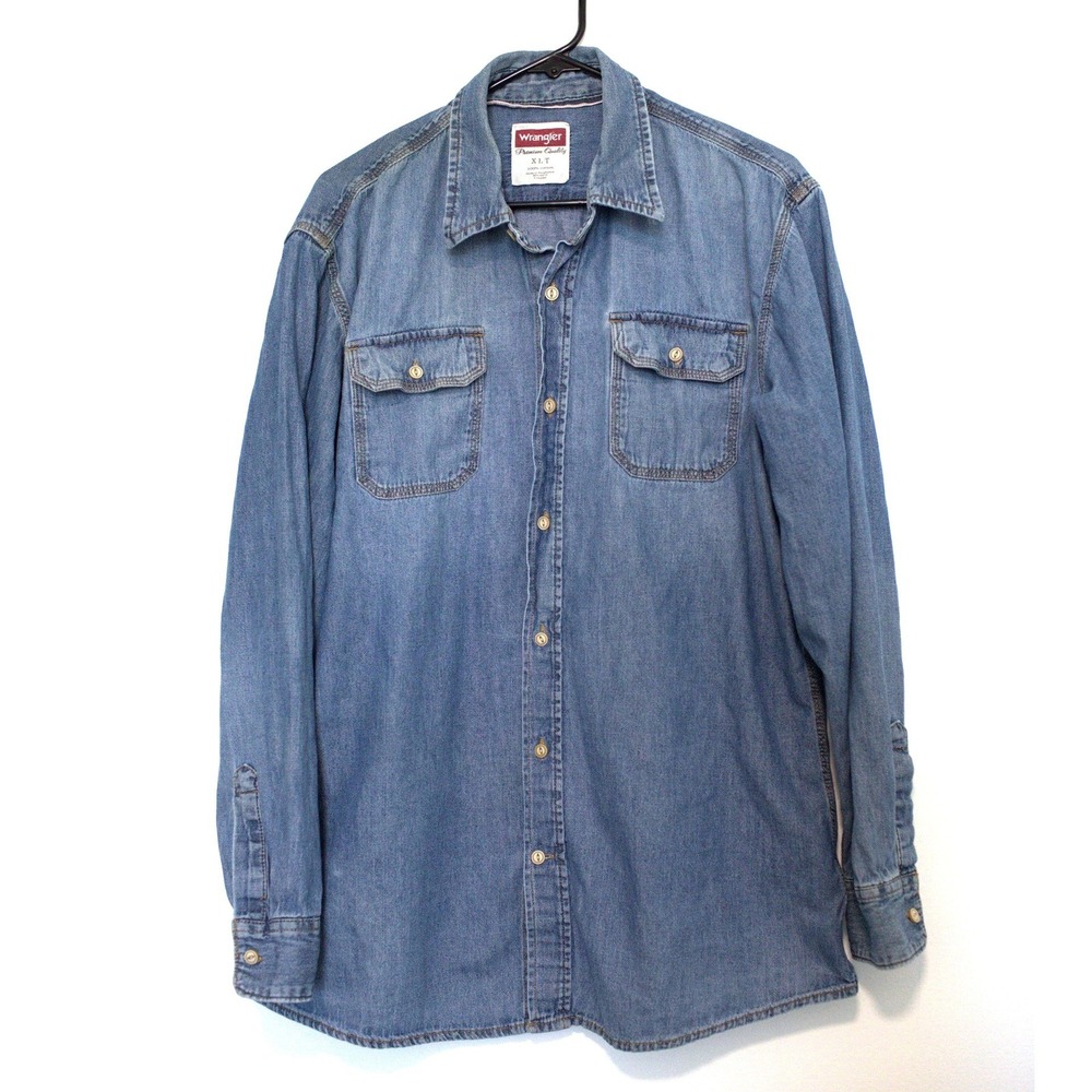 Wrangler Premium Quality Mens XLT Blue Denim Long Sleeve Button Up Shirt